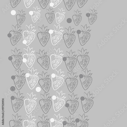 Vertical seamless strawberry pattern , leaves, spirals, copy space. Hand drawn.