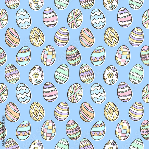 Easter eggs pattern. Spring holiday symbols. Egg sketch. Holiday decoration. Kids drawing. Easter ornament. Vector background.