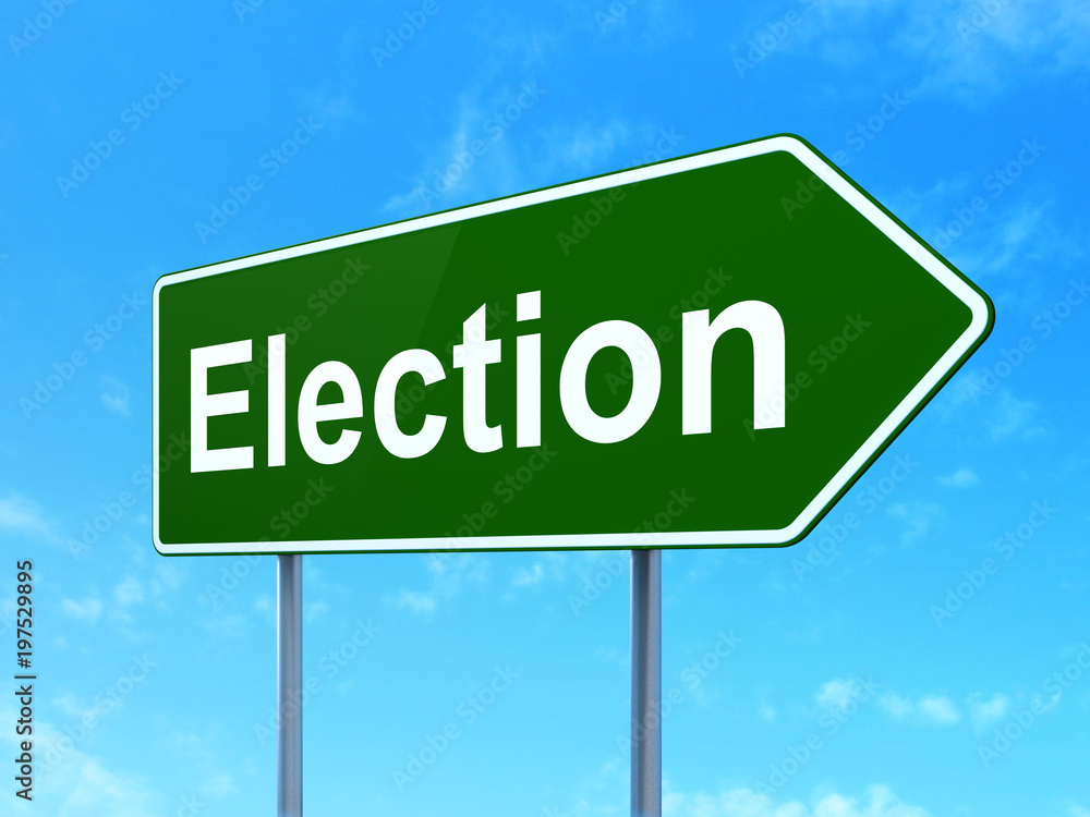 Politics concept: Election on green road highway sign, clear blue sky background, 3D rendering Politics concept: Election on green road highway sign, clear blue sky background, 3D rendering