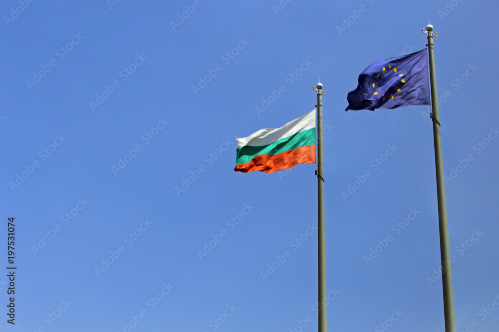 Bulgarian and European flag on wind Bulgarian and European flag on wind