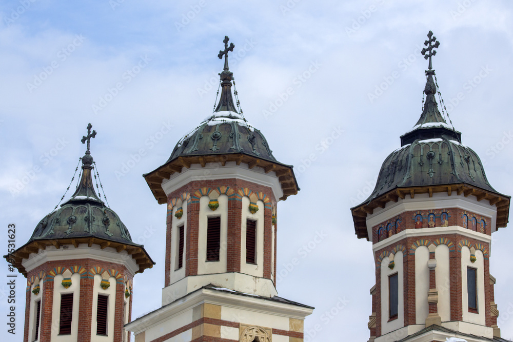 Three Dome of Orthodox Church in Sinai, Romania.