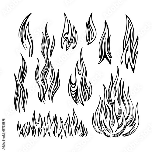  Flame Fire Set sketch. Black and white hand drawn image. 