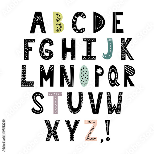 Plakat Alfabet w stylu skandynawskim. Ręcznie rysowane litery, stylowy abc. Ilustracji wektorowych