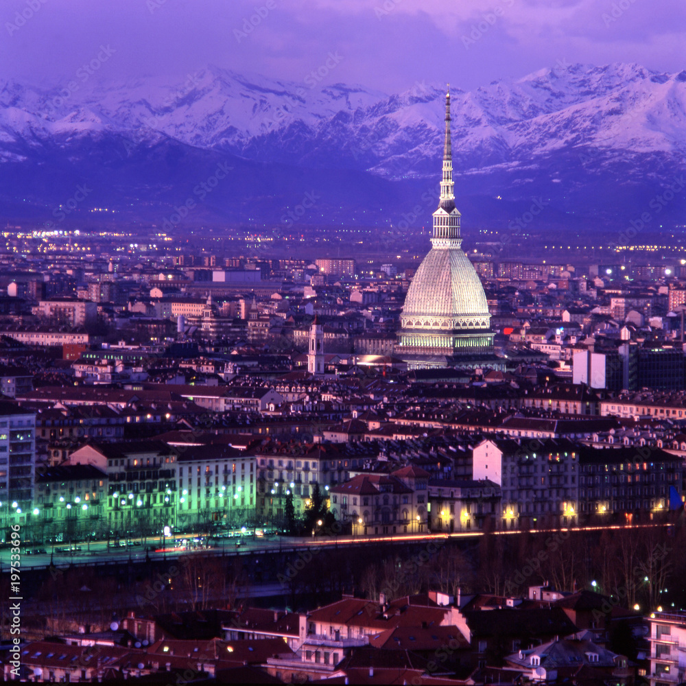 Turin, Piedmont, Italy . A cityscape at sunset of northern Italy