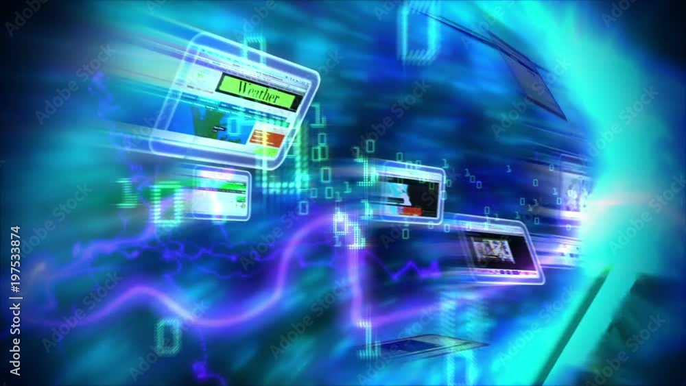 High-speed internet tunnel animation. Loop section between 5:00 and 25:00. Hand cursor clicks Go button and camera flies through a fiber-optic tunnel of web pages, code and binary data.