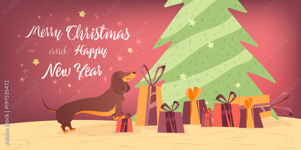 Fototapeta premium Dog and gifts near the Christmas tree Banner design template with congratulations Happy Christmas and New Year. 