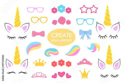 Create your own unicorn - big vector collection. Unicorn constructor. Cute unicorn face. Unicorn details - Horhs, eyelashes, ears, hairstyles, flowers, crowns, glasses, bows . Vector