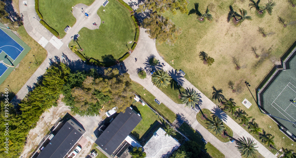 Downward overhead view of city park