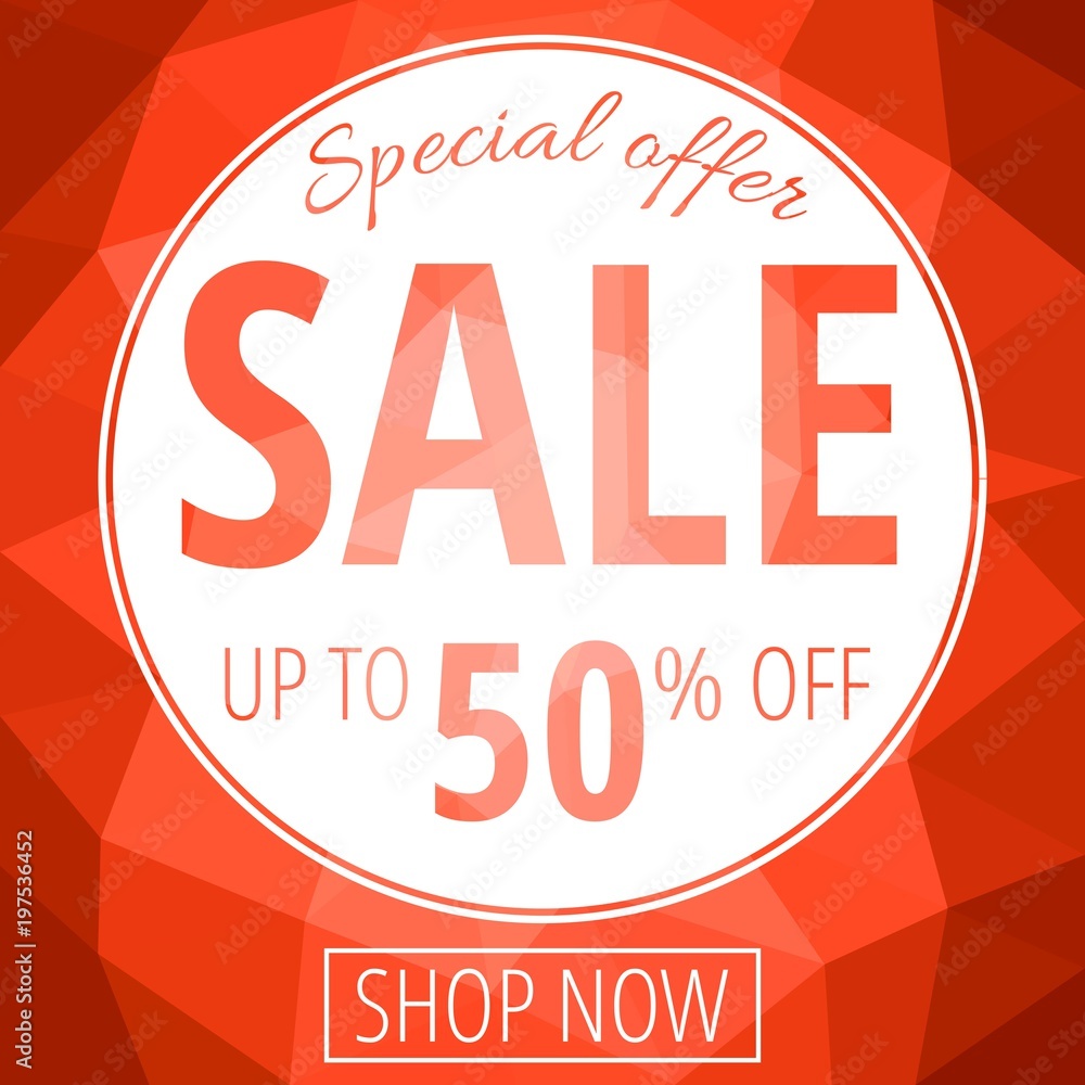 Sale banner template with low poly vector background. Special offers and discounts promotion