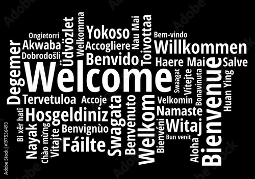 Welcome in different languages wordcloud on white background