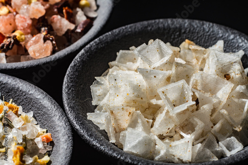 Macro collection, white and pink sea salt pyramide flakes mixed with spices