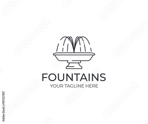 Water jet fountain logo template. Linear fountain silhouette vector design. Water splash logotype