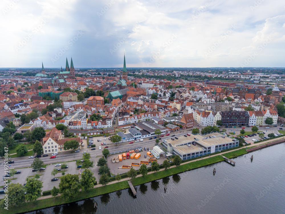 Aerial view of Lubeck along city river, Germany