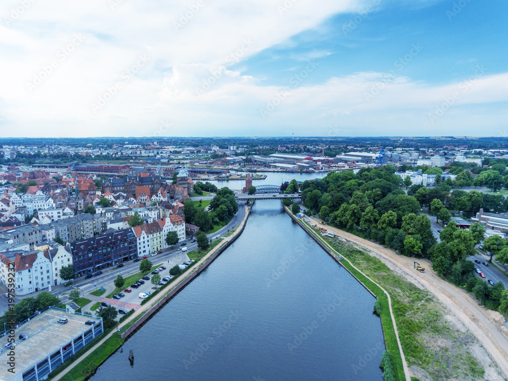 Aerial view of Lubeck along city river, Germany