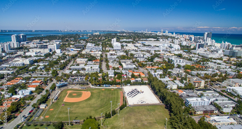 Aerial view of Miami Beach park and skyline on a beautiful sunny day
