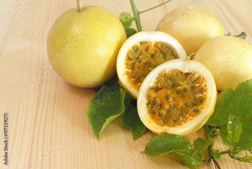 Passion Fruit on wooden floor,