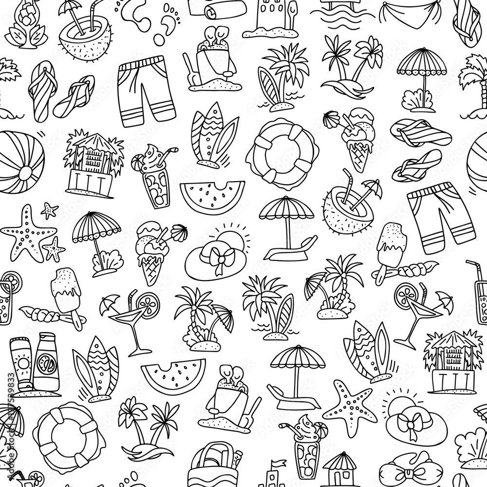 Summer, travel and beach sketch seamless pattern in black and white colors. Travelling hand draw elements with decoration on white background. Palm, summer pattern