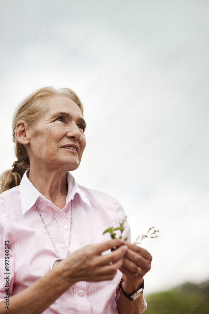 Portrait of female winemaker holding a seedling. Portrait of female winemaker holding a seedling.