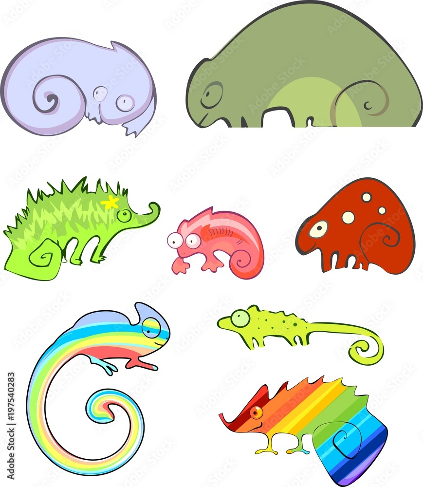 Set of different cartoon chameleons disguised as different objects on white background