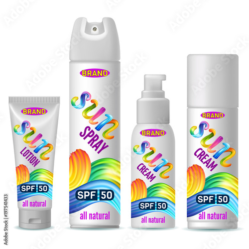 Set of sunscreen, cream, lotion, gel, balsam and spray. Protection from the sun. Lettering calligraphy font with brushstroke oil or acrylic paint. 3d realistic vector illustration.