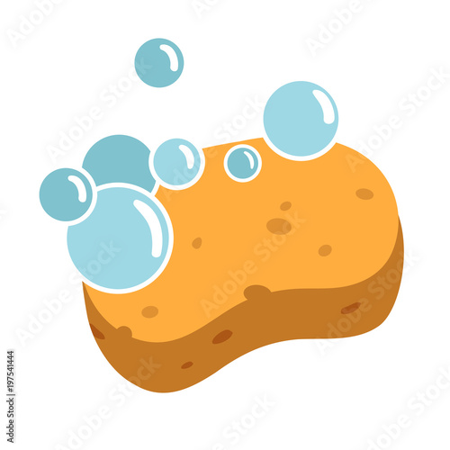 Yellow sponge with soapy bubbles vector cartoon flat style illustrations. Cleaning, washing, personal hygiene simple icon concept design element isolated on white background. photo
