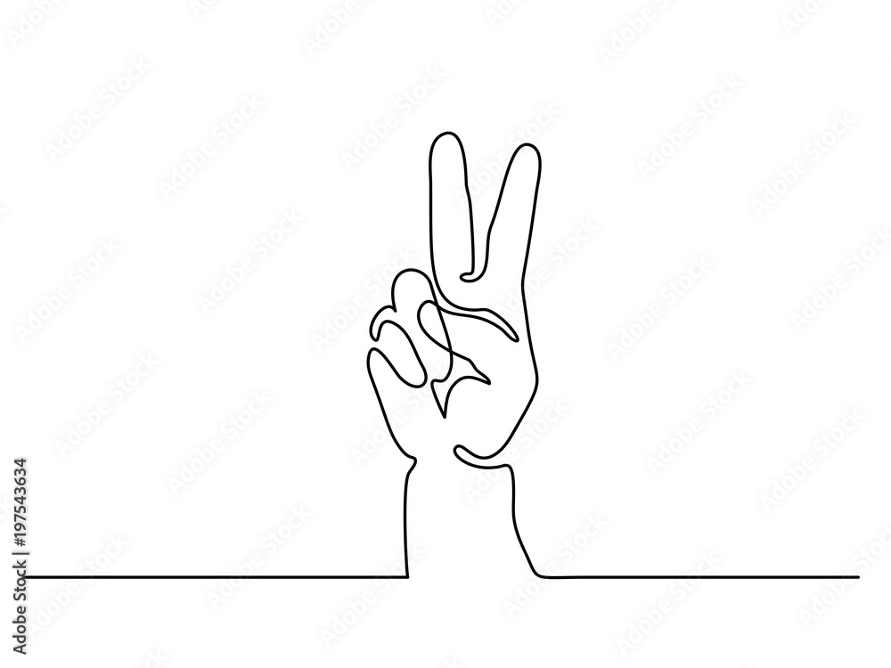 Continuous line drawing. Hand showing victory sign. Vector illustration