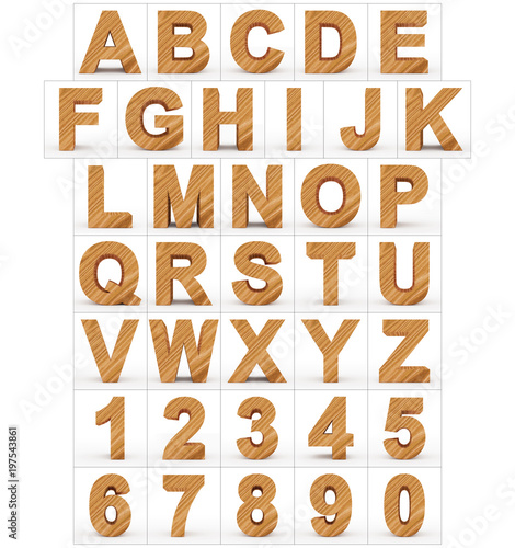 letters and numbers 3d wooden isolated on white