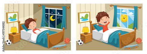 Vector Illustration Of Kid Sleeping And Waking Up