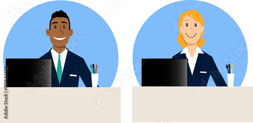 Male and female bank tellers characters, EPS 8 vector illustration