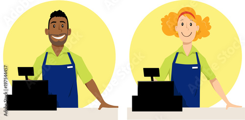 Male and female grocery store cashier characters, EPS 8 vector illustration photo