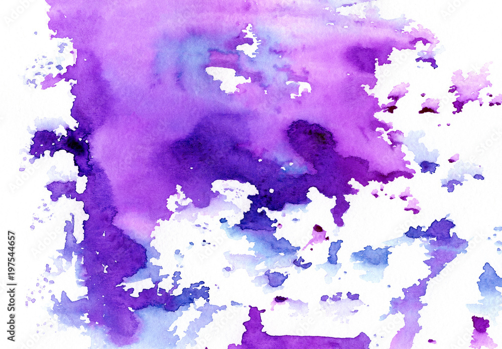 Bright violet blue watercolor stain with spatters and splashes. Hand painted colorful watercolor background for banner, print, template, cover, decoration
