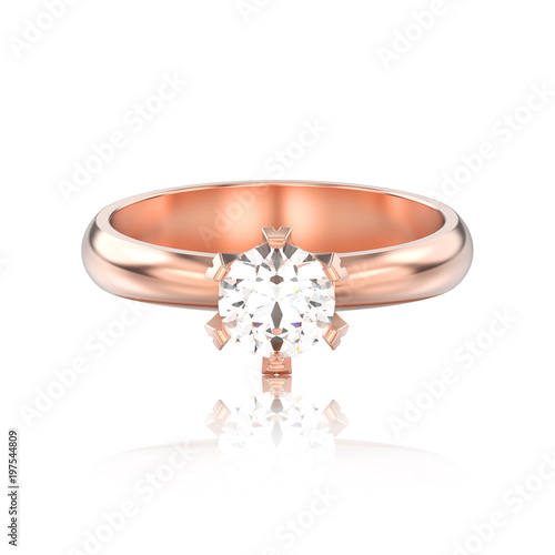 3D illustration isolated rose gold traditional solitaire engagement diamond ring with reflection