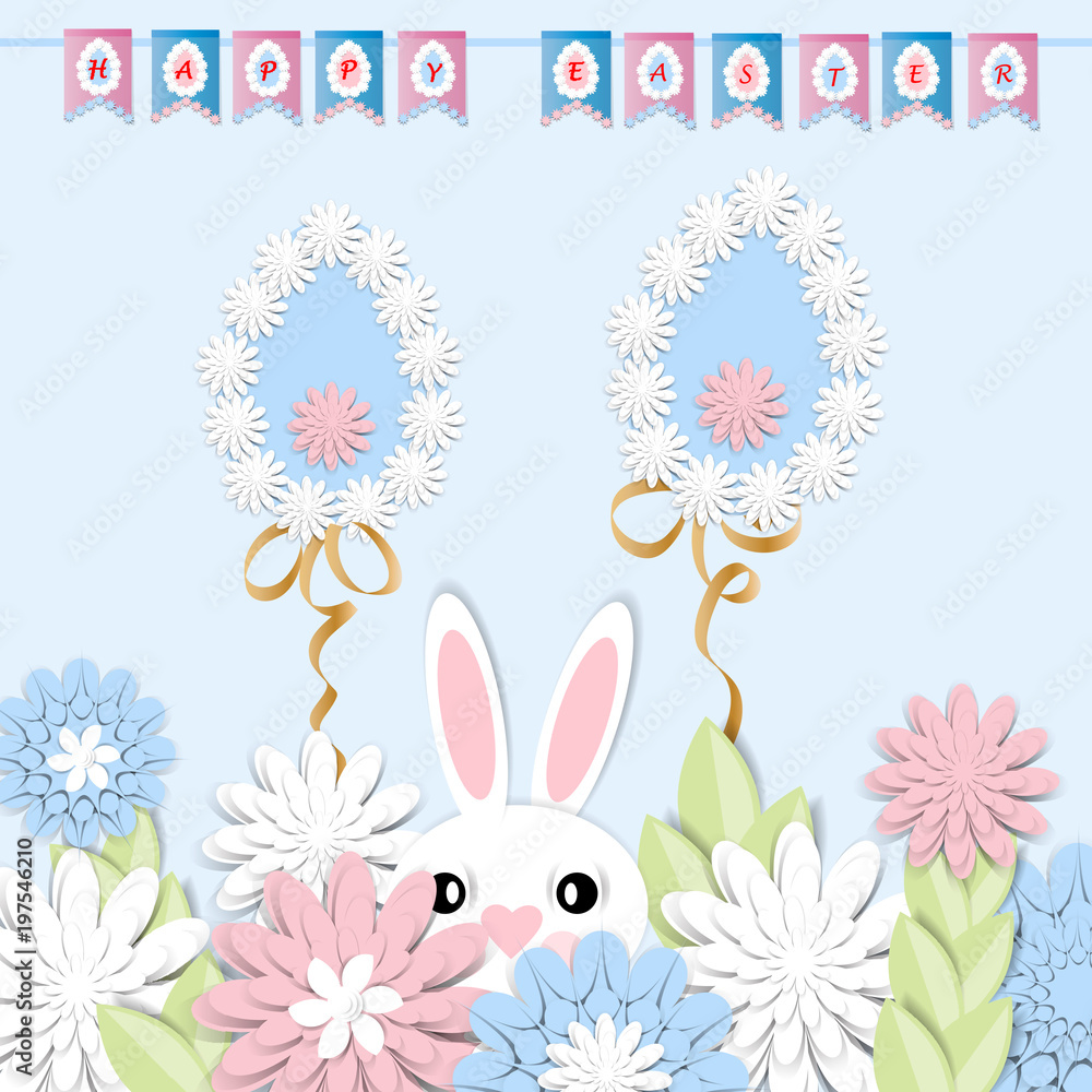Happy Easter. Festive background with 3d paper flowers, decorative egg and easter bunny. Romantic design with paper cut flovers in pastel colors. For postcards, banners, posters.