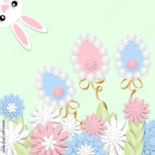 Happy Easter. Festive background with 3d paper flowers  decorative egg and easter bunny. Romantic design with paper cut flovers in pastel colors. For postcards  banners  posters.