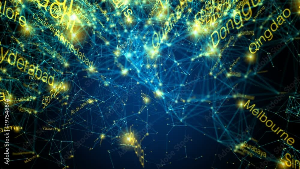 Cities world network. Loops: 0:00-42:00, 10:15-31:15, 35:00-end. Text size and point brightness represent city population. Global communication, transportation, internet, social media, technology. Cities world network. Loops: 0:00-42:00, 10:15-31:15, 35:00-end. Text size and point brightness represent city population. Global communication, transportation, internet, social media, technology.