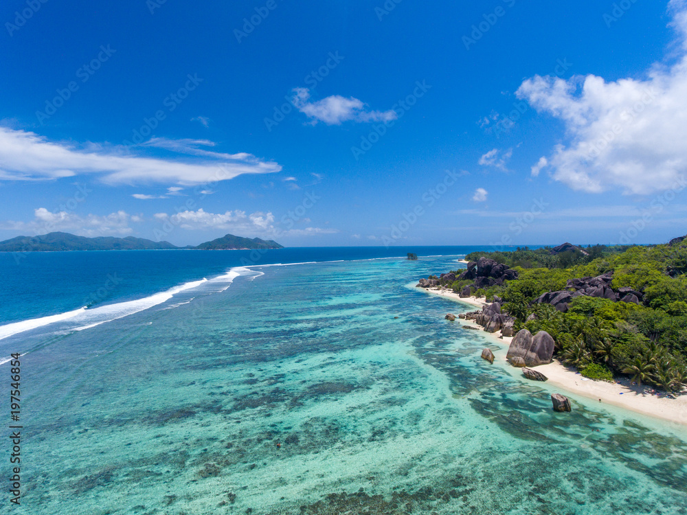 Coastline of La Digue Island, Seychelles aerial view Coastline of La Digue Island, Seychelles aerial view