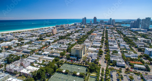 Aerial view of Miami Beach park and skyline on a beautiful sunny day