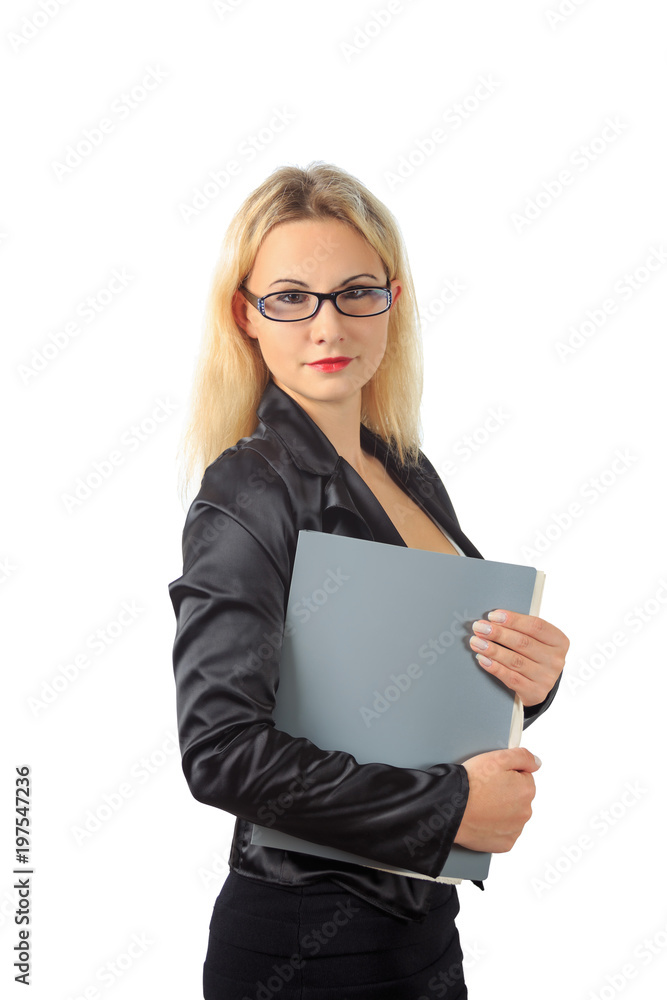 girl in business outfit and glasses holds grey folder girl in business outfit and glasses holds grey folder
