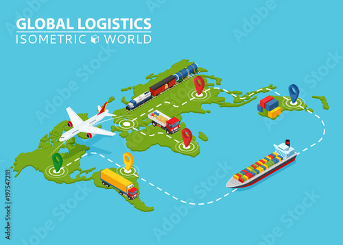 Global Logistic Isometric Vehicle Infographic. Ship Cargo Truck Van Logistics Service. Import Export Chain. Ensured Deliveries Drawing.