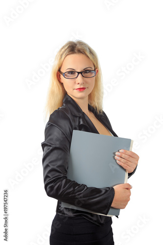 girl in business outfit and glasses holds grey folder
