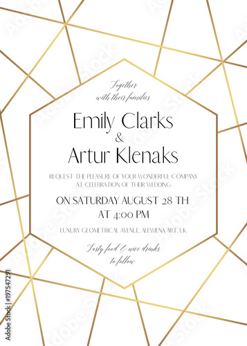 Wedding invite, save the date card delicate design with golden foil graphic stripes & hexagonal geometrical frame. Vintage art decorative, geometrical border. Elegant, lovely, luxury vector template
