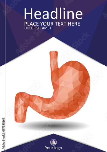 Realistic 3d low poly human stomach and duodenum. Healthy digestive system. Abstract medical concept. Cover design A4 for books, journals, conferences