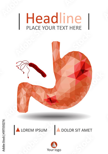 Realistic low poly human stomach and duodenum cover design. Gastric ulcer diseases, helicobacter pylori bacteria attack. Annual report. A4 medical journal, conference, magazine, banner, flyer.