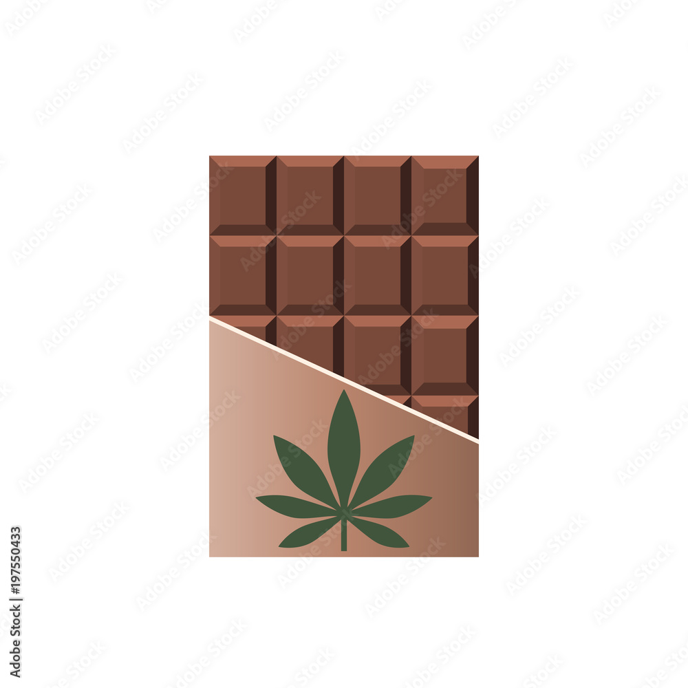 Chocolate Bar with marijuana leaf. Narcotic sweets. Isolated vector illustration on white background. Chocolate Bar with marijuana leaf. Narcotic sweets. Isolated vector illustration on white background.