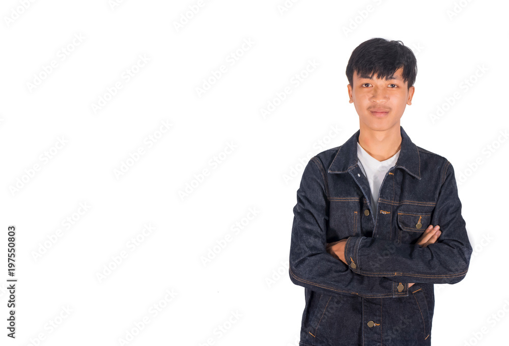 A handsome Asian man in black clothes stands arm crossing in Studio white background A handsome Asian man in black clothes stands arm crossing in Studio white background
