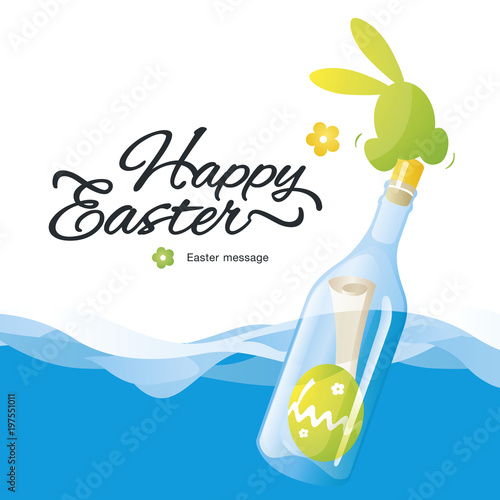 Happy Easter message in the bottle at the sea blue green background