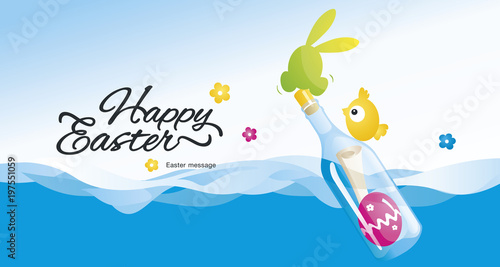 Happy Easter message in the bottle at the sea blue green pink yellow greeting card