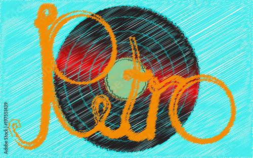 Black vinyl, retro, hipster, antique, old, antique, analog, a musical plate painted in a stroked style on a blue background and a retro inscription. Vector illustration.