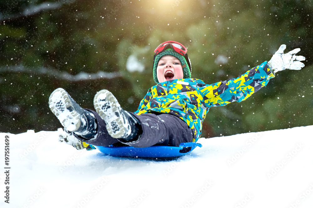  Boy sledding in a snowy forest. Outdoor winter fun for Christmas vacation. - obrazy, fototapety, plakaty 