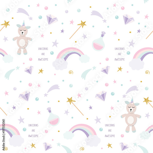Unicorn magic seamless pattern background with rainbow, stars and diamonds. For print and web.
